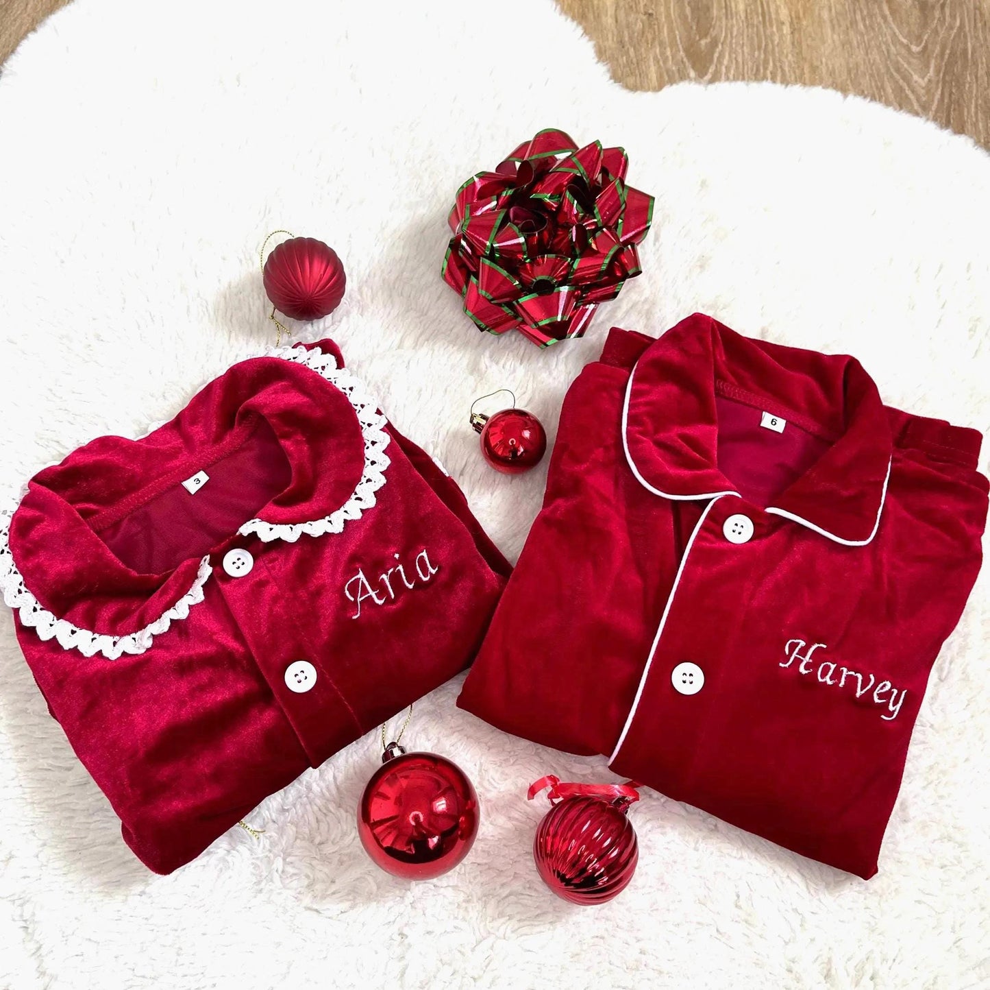 Personalized Red Christmas Family Matching Outfits - Festive Ruffle Set for Girls and Boys with Name Embroidery - Perfect for Christmas Eve