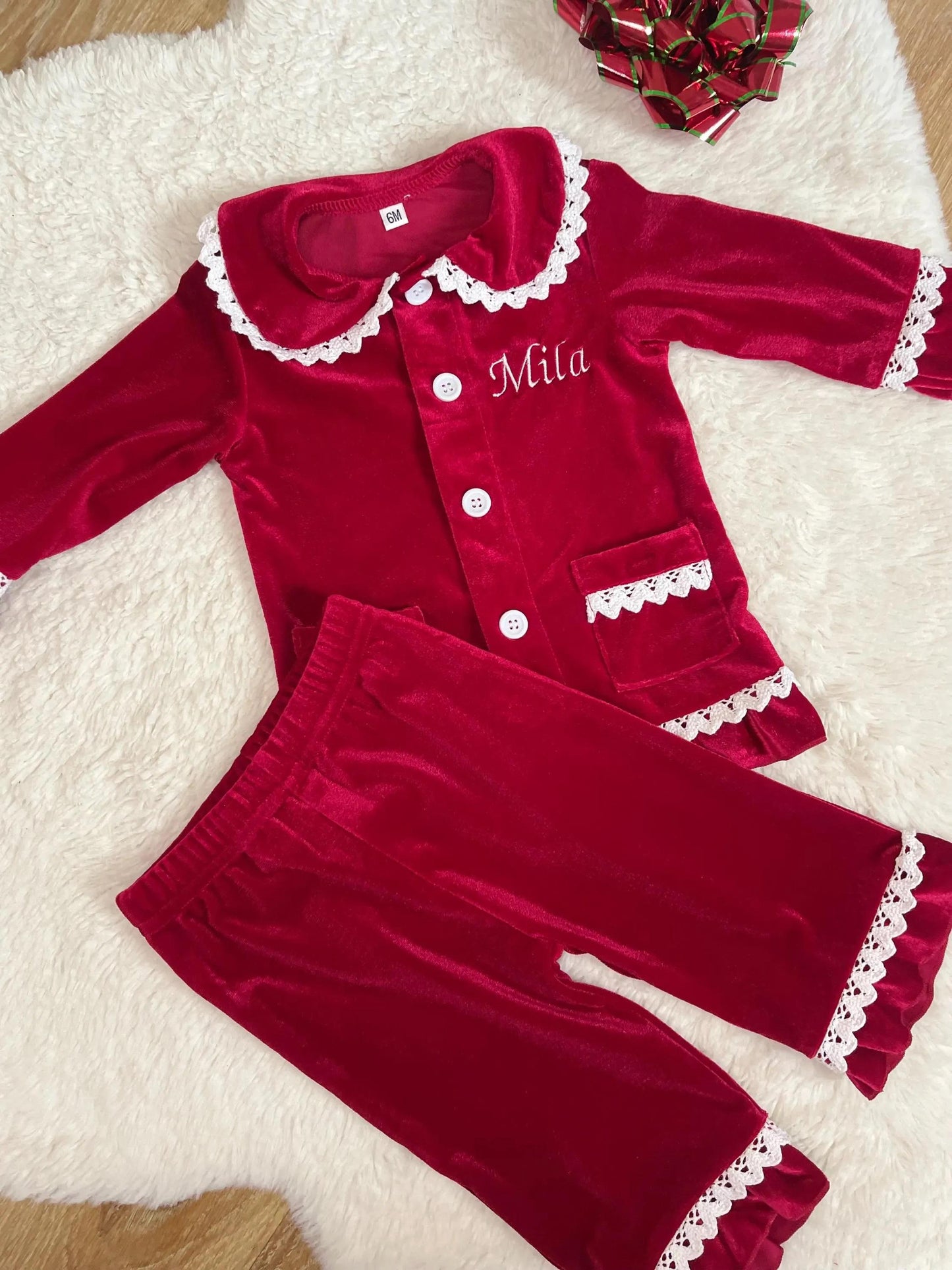 Personalized Red Christmas Family Matching Outfits - Festive Ruffle Set for Girls and Boys with Name Embroidery - Perfect for Christmas Eve