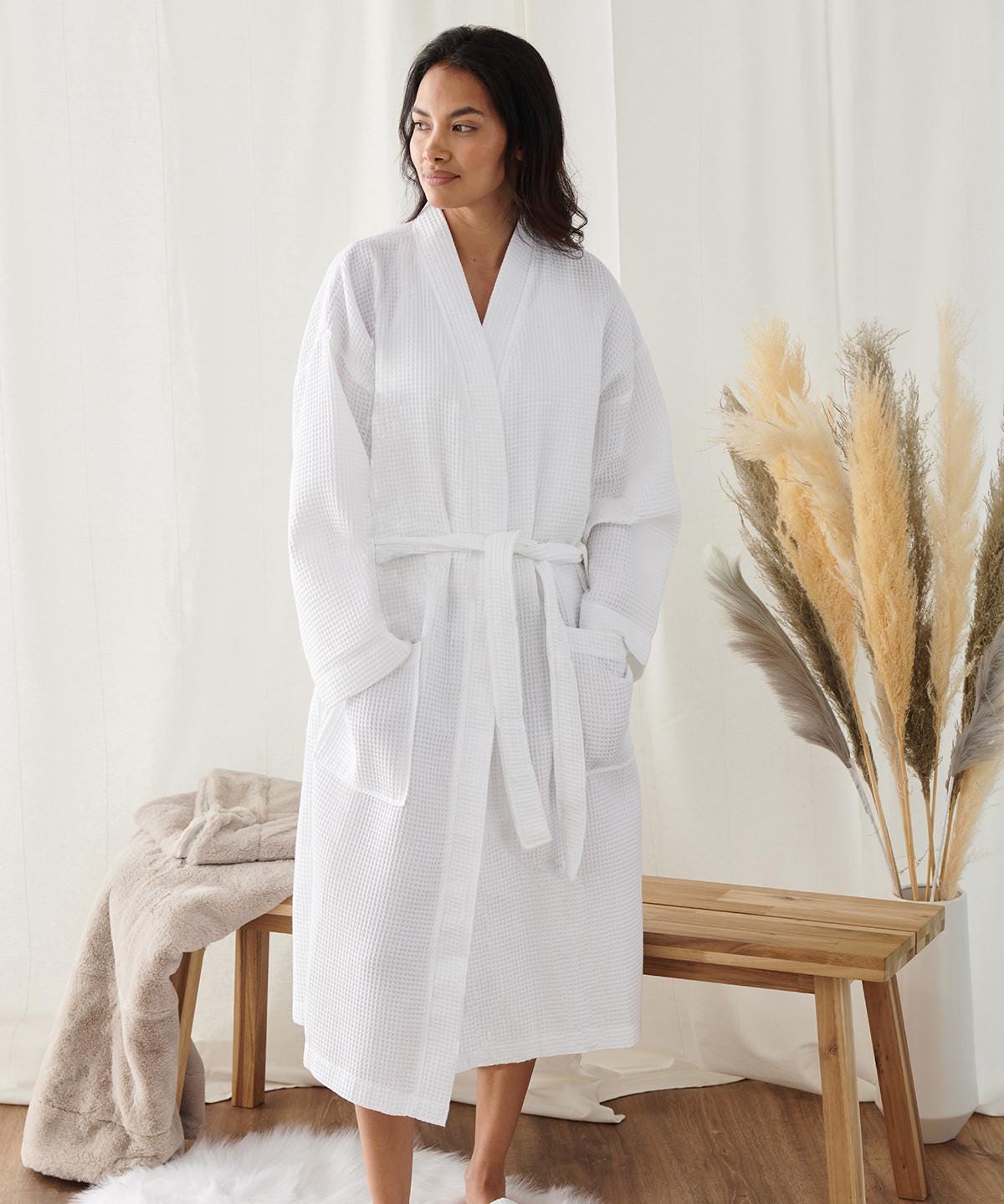Personalized Waffle Woven Robes for Couples – Kimono Style His & Hers Bathrobes – Custom Embroidered Robes with Patch Pockets