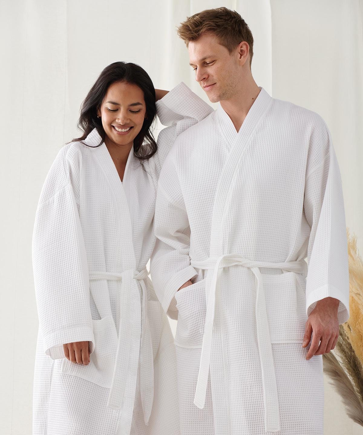 Personalized Waffle Woven Robes for Couples – Kimono Style His & Hers Bathrobes – Custom Embroidered Robes with Patch Pockets