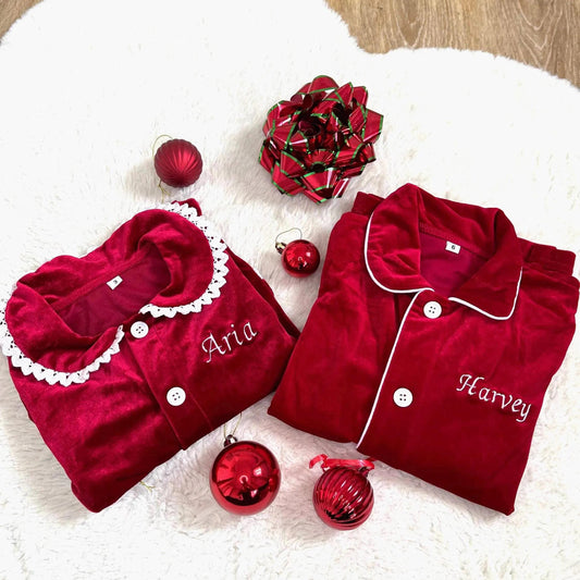 Personalized Red Christmas Family Matching Outfits - Festive Ruffle Set for Girls and Boys with Name Embroidery - Perfect for Christmas Eve