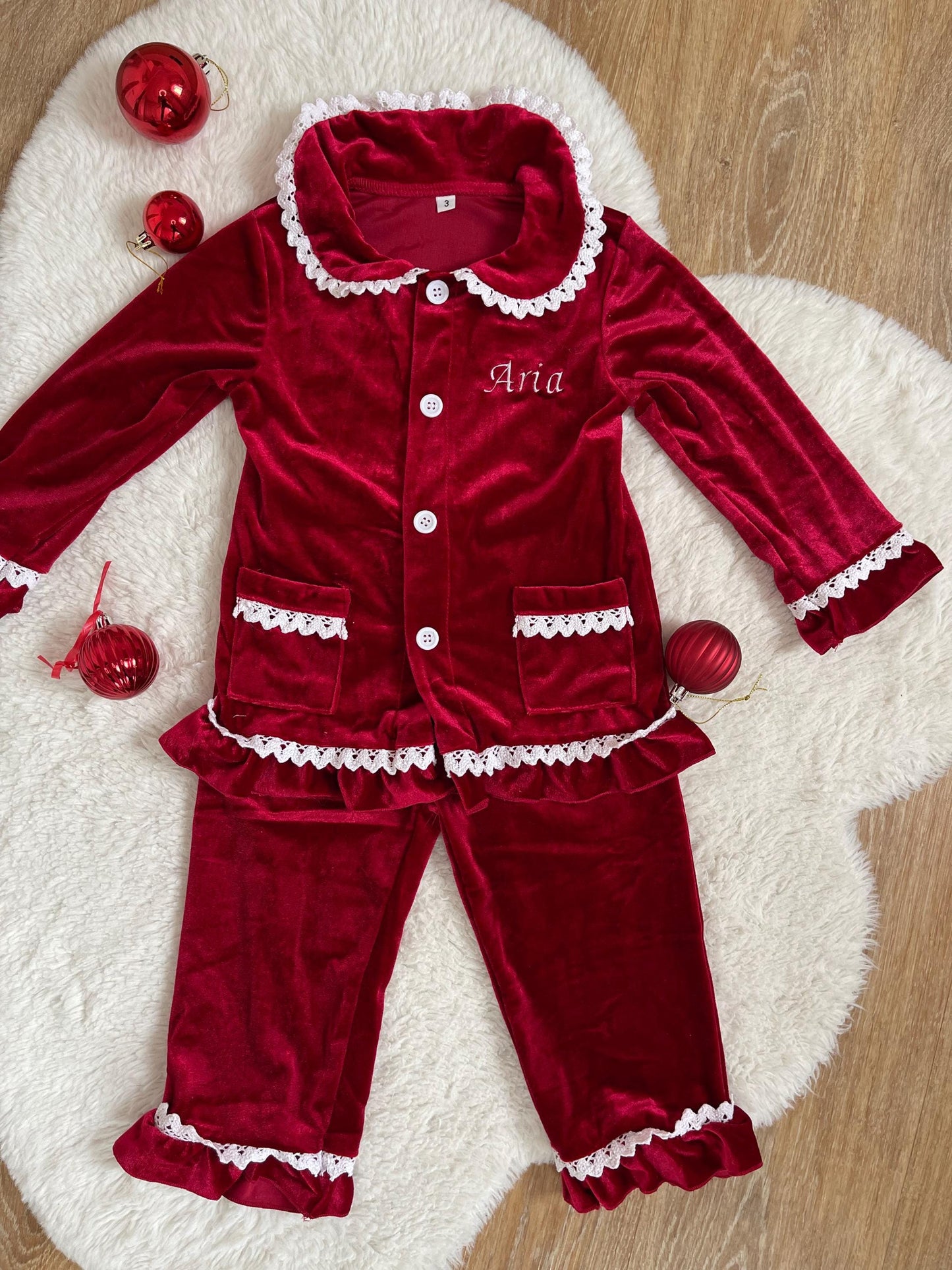 Personalized Red Christmas Family Matching Outfits - Festive Ruffle Set for Girls and Boys with Name Embroidery - Perfect for Christmas Eve