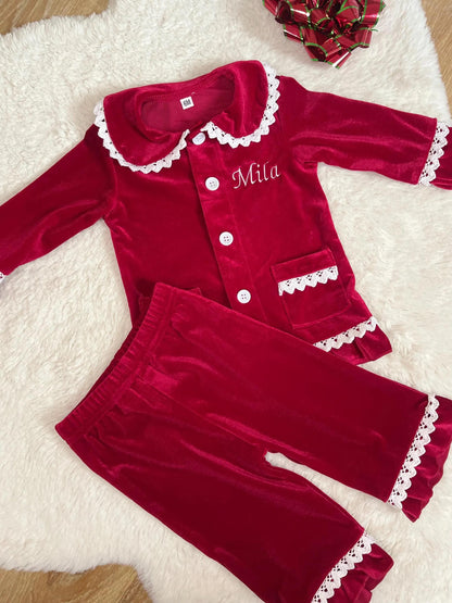 Personalized Red Christmas Family Matching Outfits - Festive Ruffle Set for Girls and Boys with Name Embroidery - Perfect for Christmas Eve