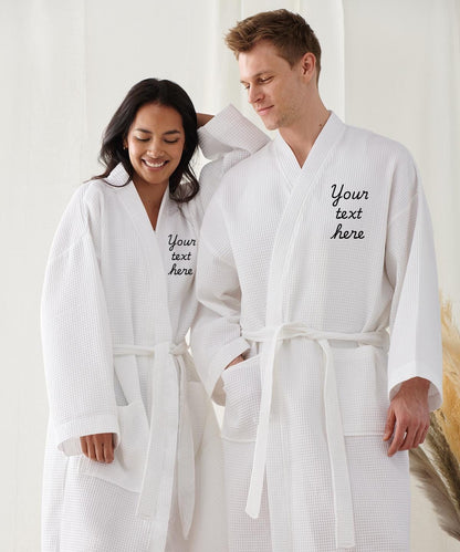 Personalized Waffle Woven Robes for Couples – Kimono Style His & Hers Bathrobes – Custom Embroidered Robes with Patch Pockets