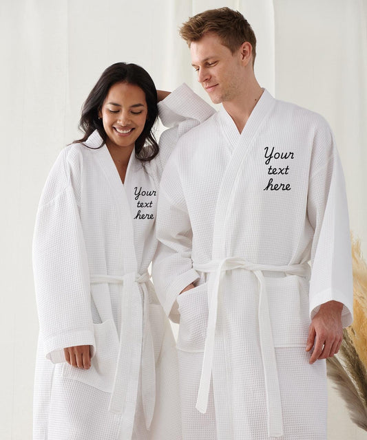 Personalized Waffle Woven Robes for Couples – Kimono Style His & Hers Bathrobes – Custom Embroidered Robes with Patch Pockets