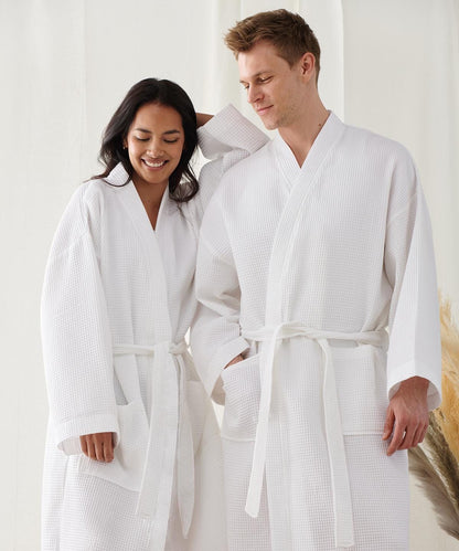 Personalized Waffle Woven Robes for Couples – Kimono Style His & Hers Bathrobes – Custom Embroidered Robes with Patch Pockets