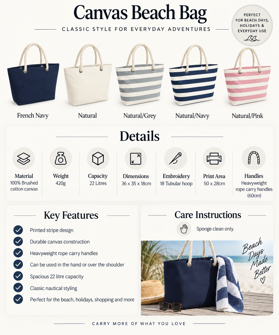 Personalised Striped Canvas Beach Bag – Embroidered Name Tote - Image 2