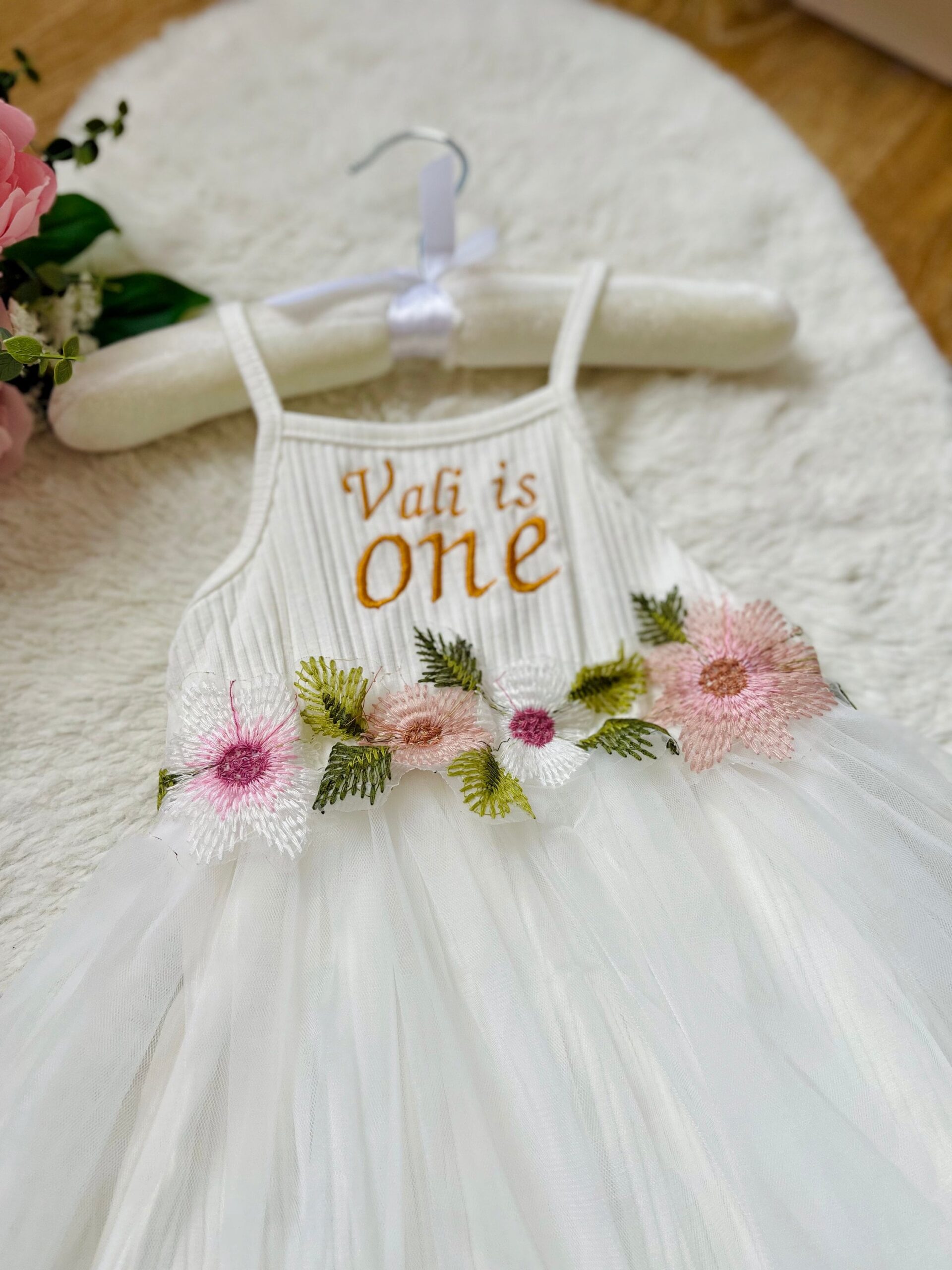 Personalised Floral 1st Birthday Dress – Embroidered Name - Image 2