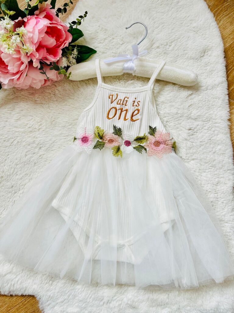 Personalised Floral 1st Birthday Dress – Embroidered Name