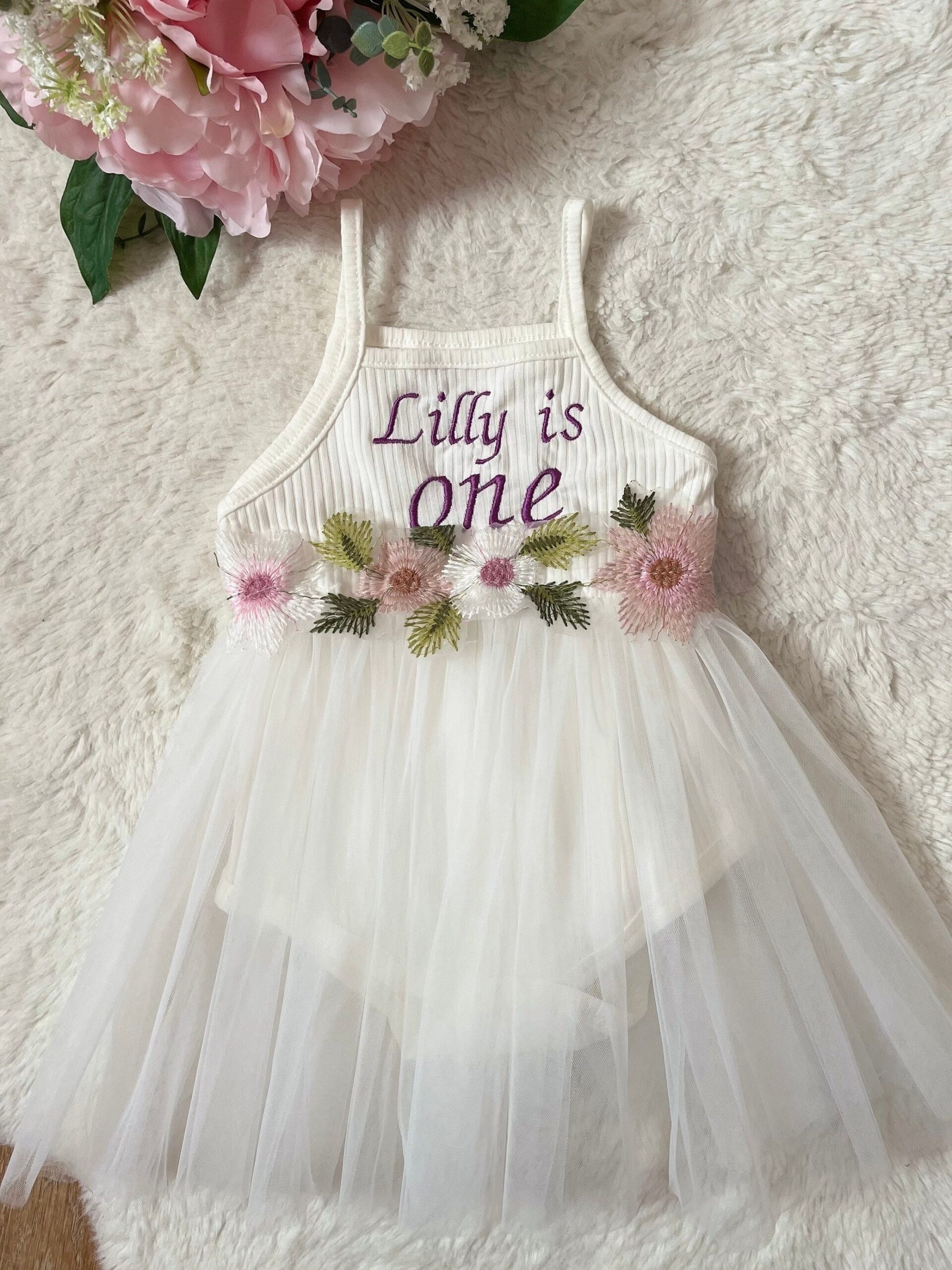 Personalised Floral 1st Birthday Dress – Embroidered Name - Image 7