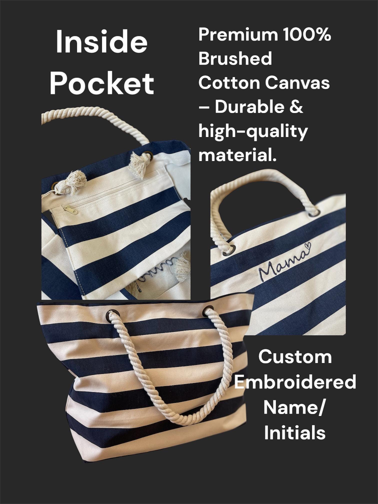 Personalised Striped Canvas Beach Bag – Embroidered Name Tote - Image 7