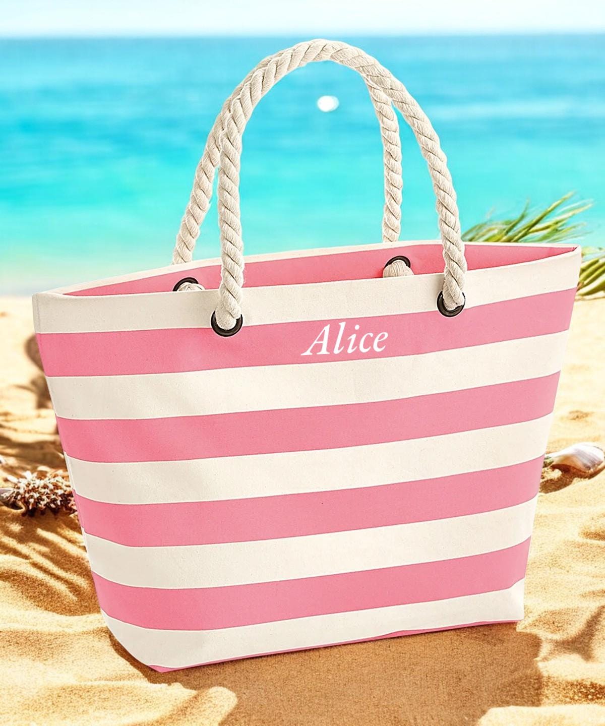 Personalised Striped Canvas Beach Bag – Embroidered Name Tote - Image 8