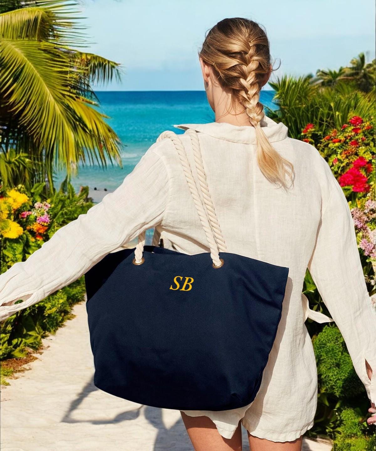 Personalised Striped Canvas Beach Bag – Embroidered Name Tote - Image 4