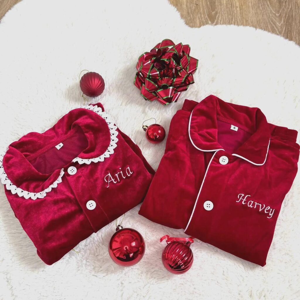 Personalised Red Velvet Christmas Outfit – Embroidered Family Matching Set
