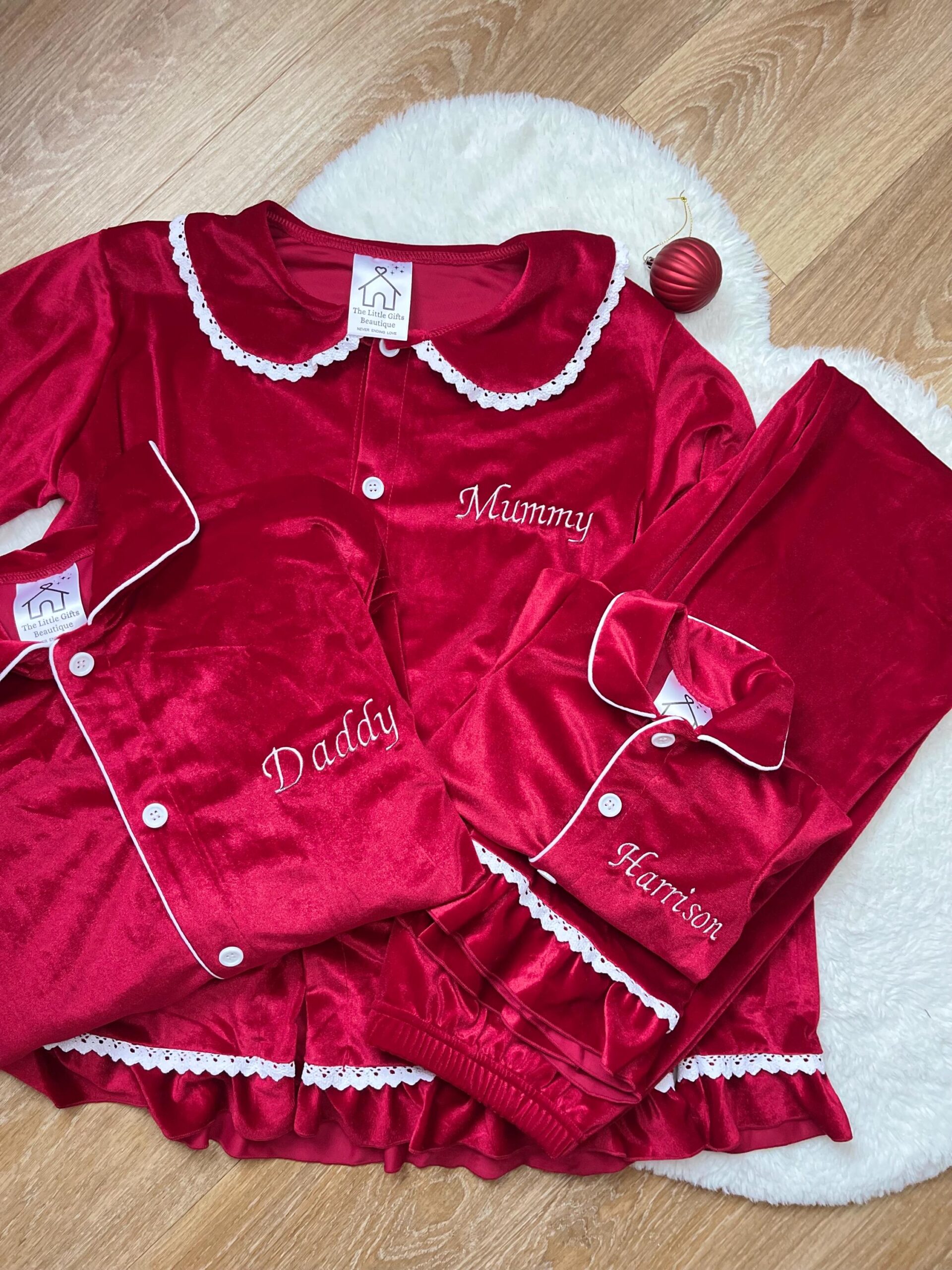 Personalised Red Velvet Christmas Outfit – Embroidered Family Matching Set - Image 3