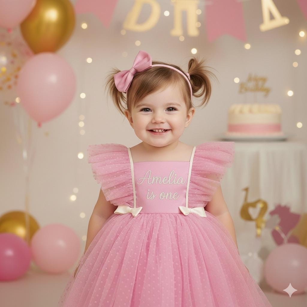 Personalised Girls 1st Birthday Dress – Embroidered Cake Smash Outfit
