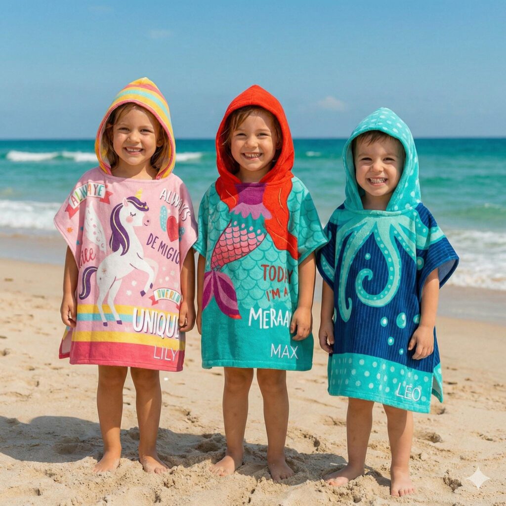 Personalised Kids Hooded Towel – Embroidered Swimming Poncho