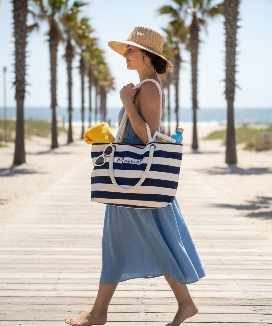 Personalised Striped Canvas Beach Bag – Embroidered Name Tote - Image 3