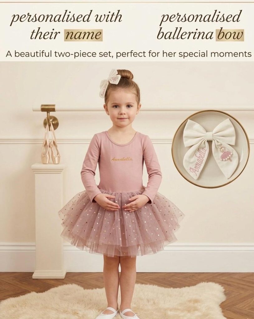 Personalised Ballerina Tutu Dress – Embroidered Name & Optional Hair Bow