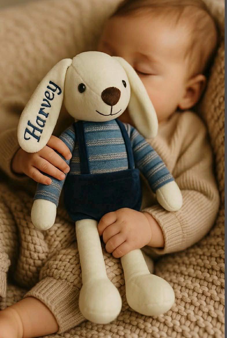 Personalised Blue Bunny Plush – Custom Embroidered Rabbit Baby Gift