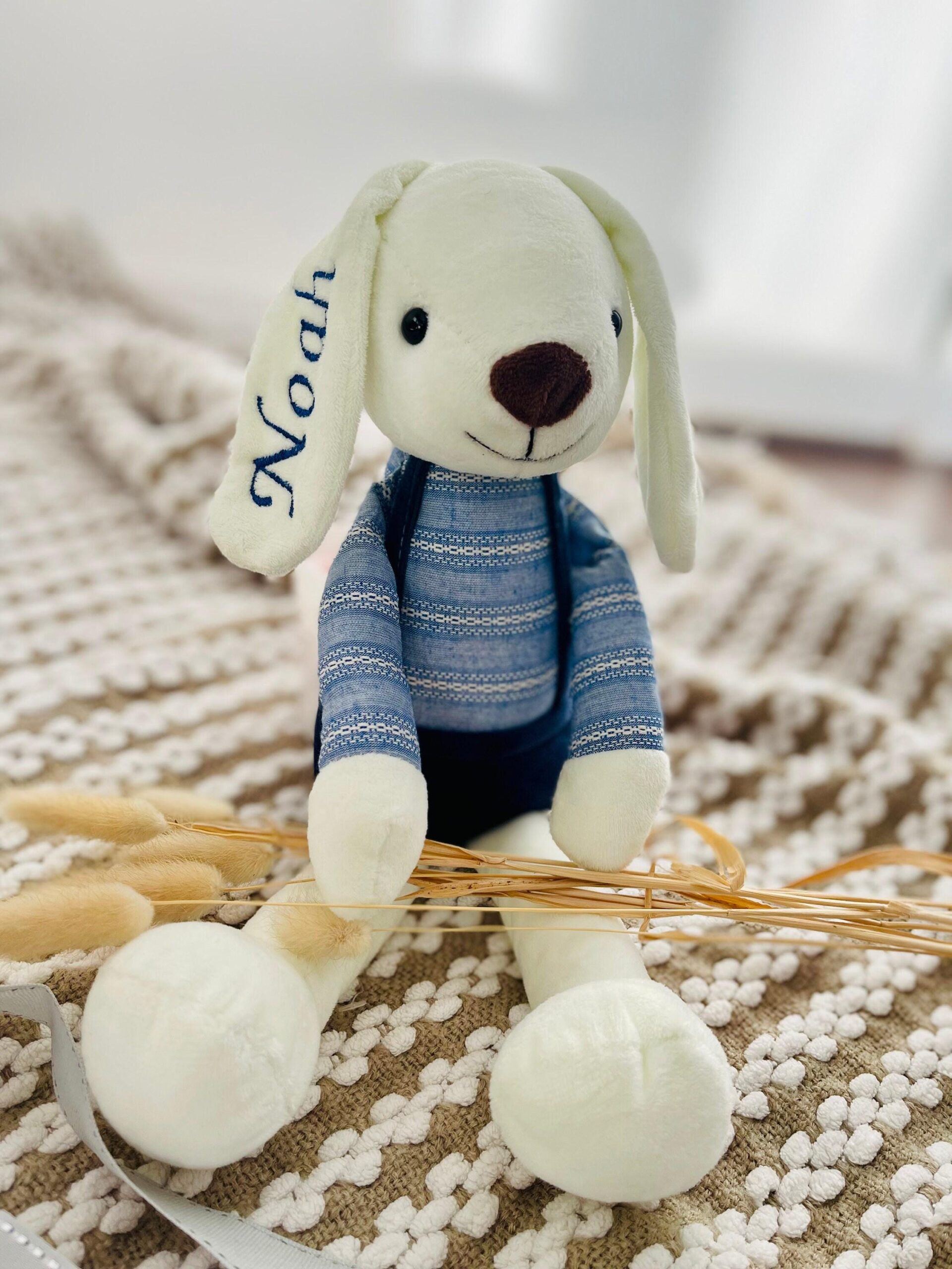 Personalised Blue Bunny Plush – Custom Embroidered Rabbit Baby Gift - Image 3