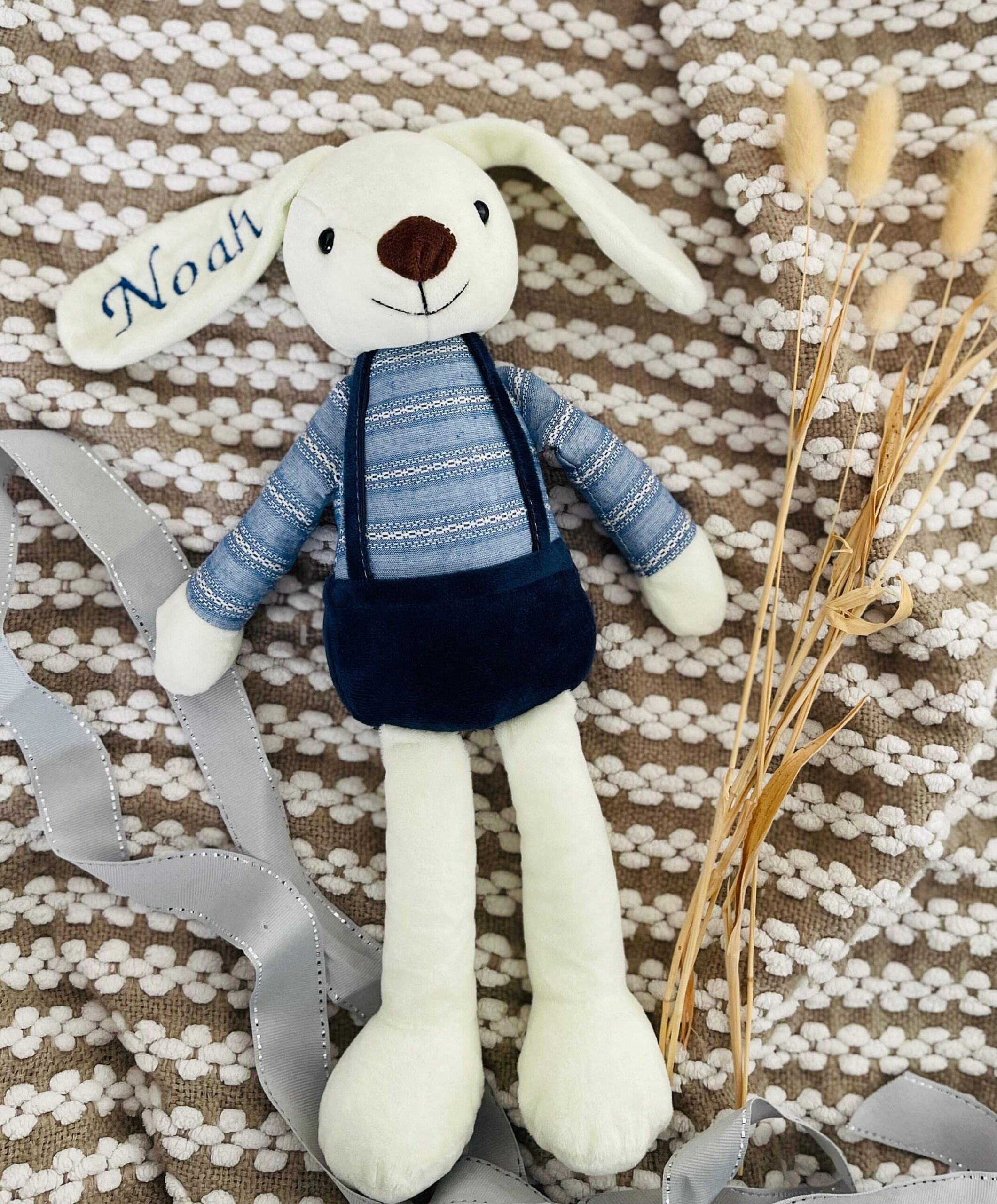 Personalised Blue Bunny Plush – Custom Embroidered Rabbit Baby Gift - Image 2