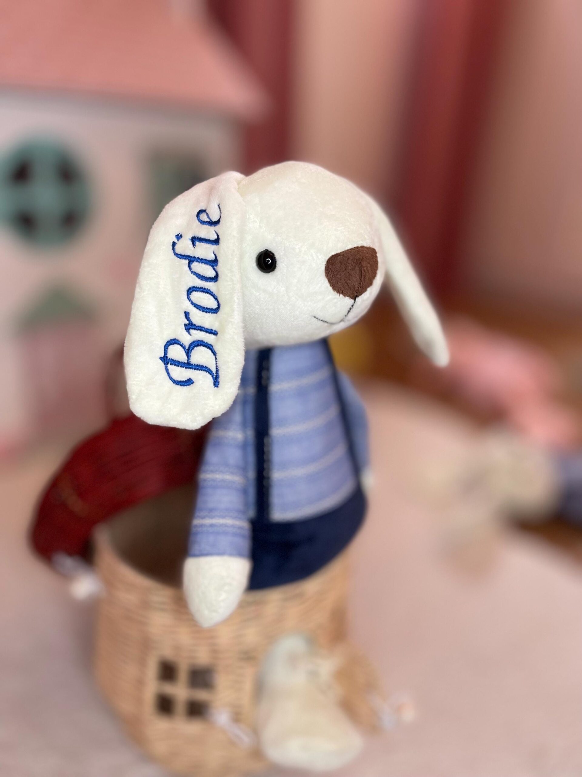 Personalised Blue Bunny Plush – Custom Embroidered Rabbit Baby Gift - Image 4
