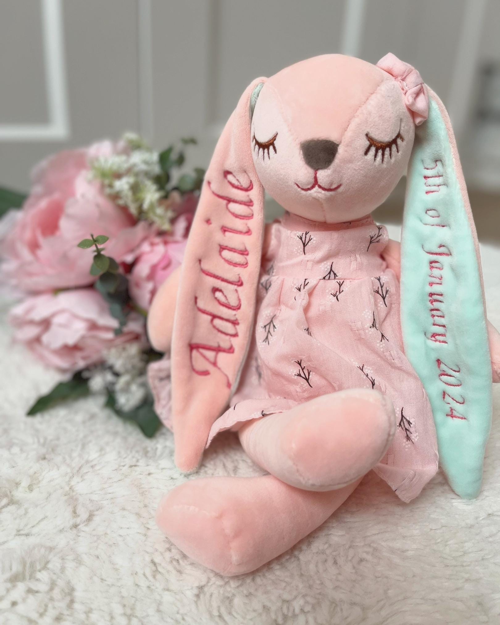 Personalised Pink Bunny Plush – Embroidered Name & Optional Dress - Image 2