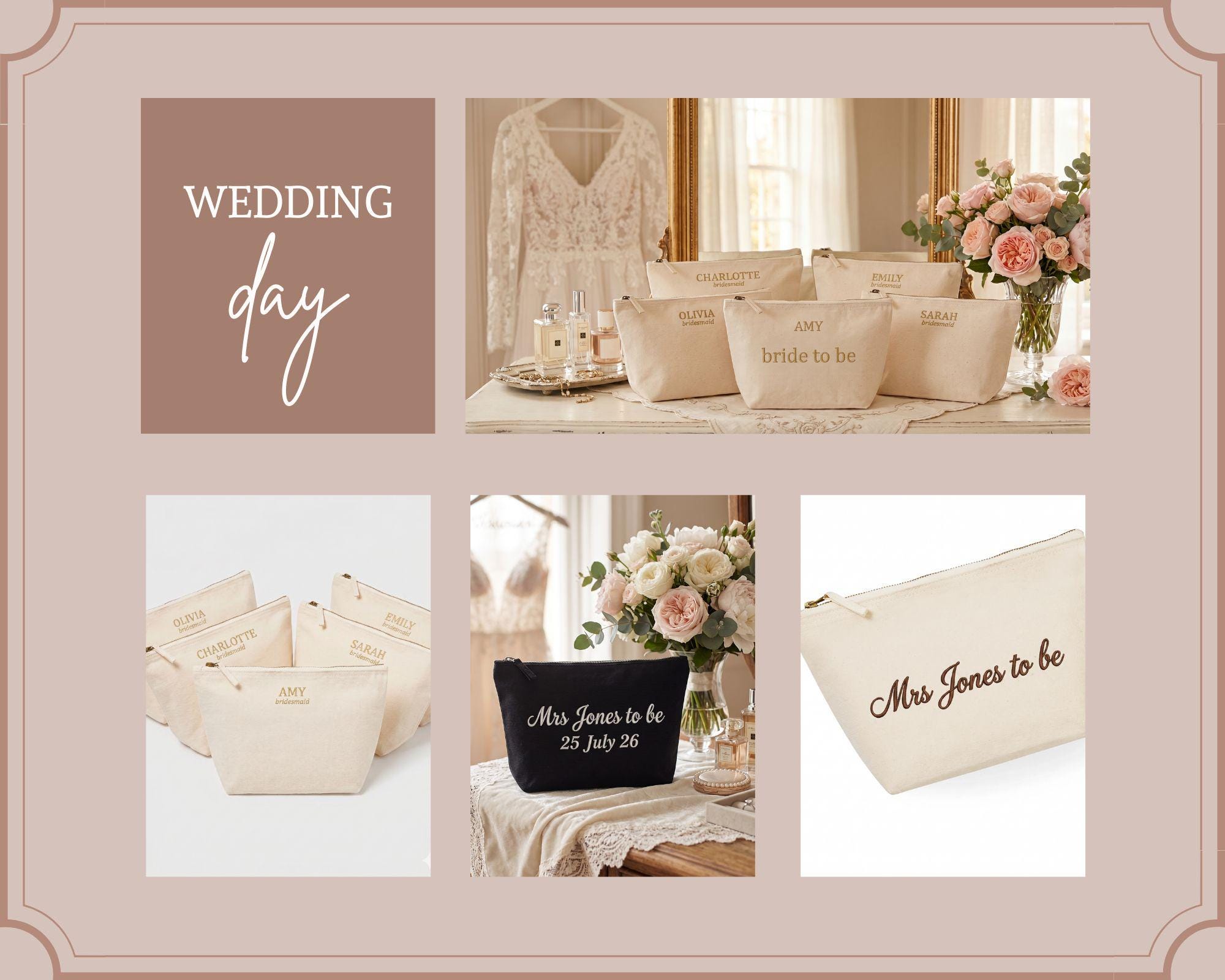 Personalised Bridal Makeup Bag – Embroidered Canvas Cosmetic Pouch - Image 3