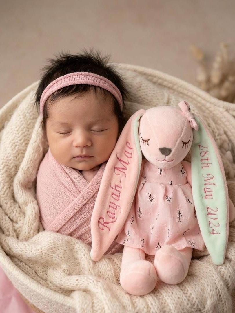Personalised Pink Bunny Plush – Embroidered Name & Optional Dress