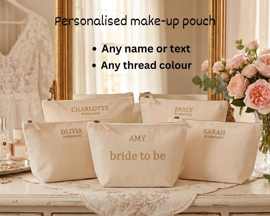 Personalised Bridal Makeup Bag – Embroidered Canvas Cosmetic Pouch