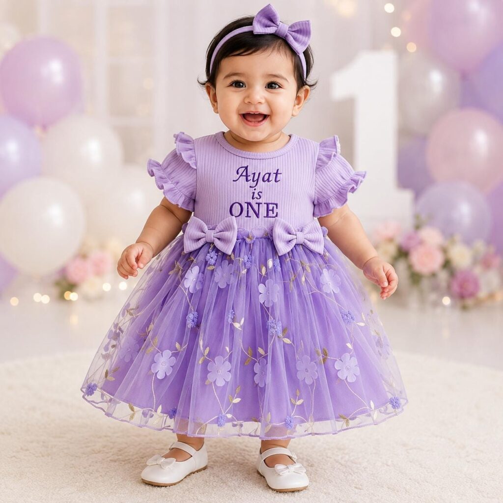 Personalised Purple 1st Birthday Dress – Embroidered Name Outfit