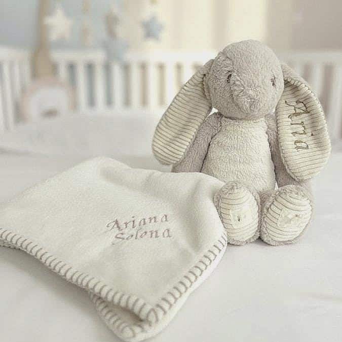 Personalised 40cm Bunny & Blanket Set – Embroidered Newborn Baby Gift