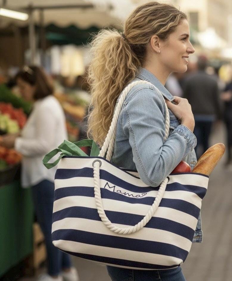 Personalised Striped Canvas Beach Bag – Embroidered Name Tote