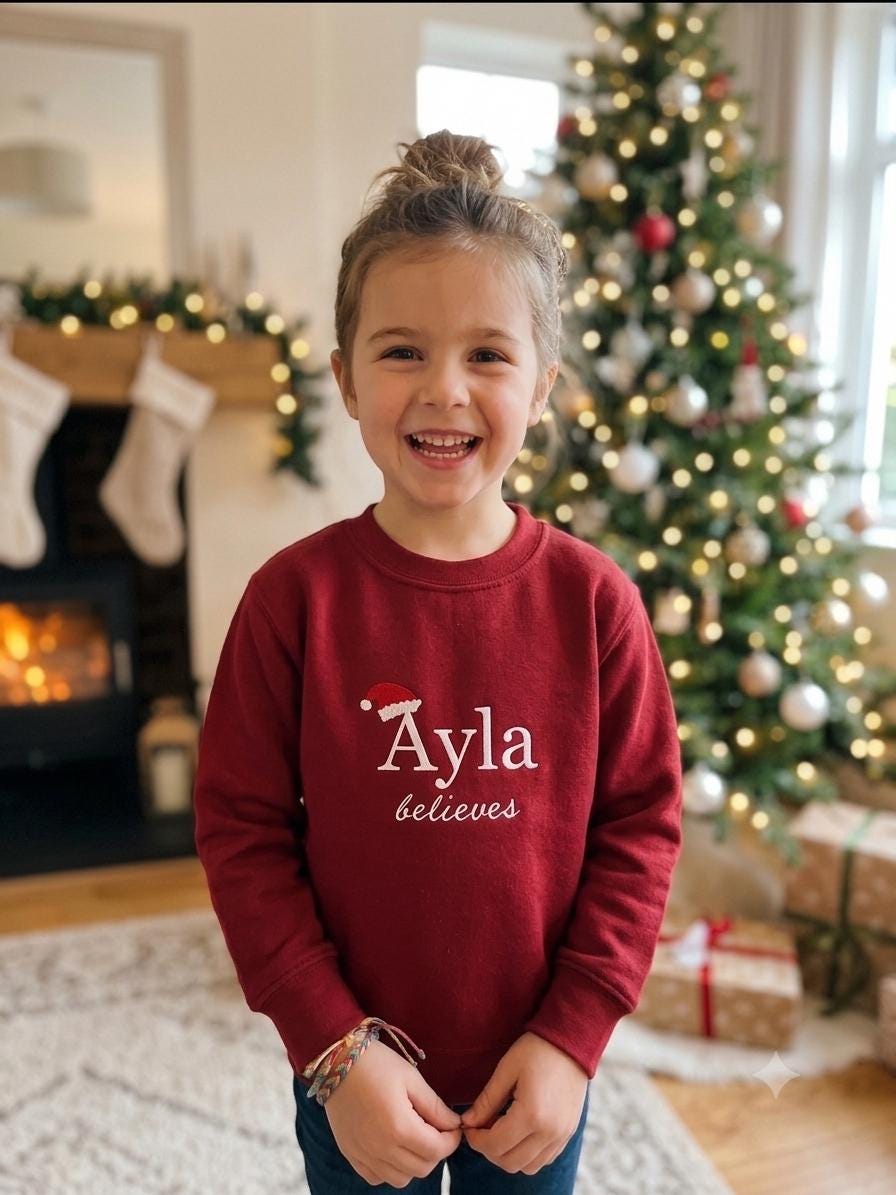 Personalised Kids Christmas Jumper – Embroidered Name Believes Sweatshirt - Image 5
