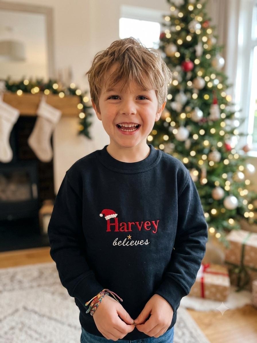 Personalised Kids Christmas Jumper – Embroidered Name Believes Sweatshirt - Image 4