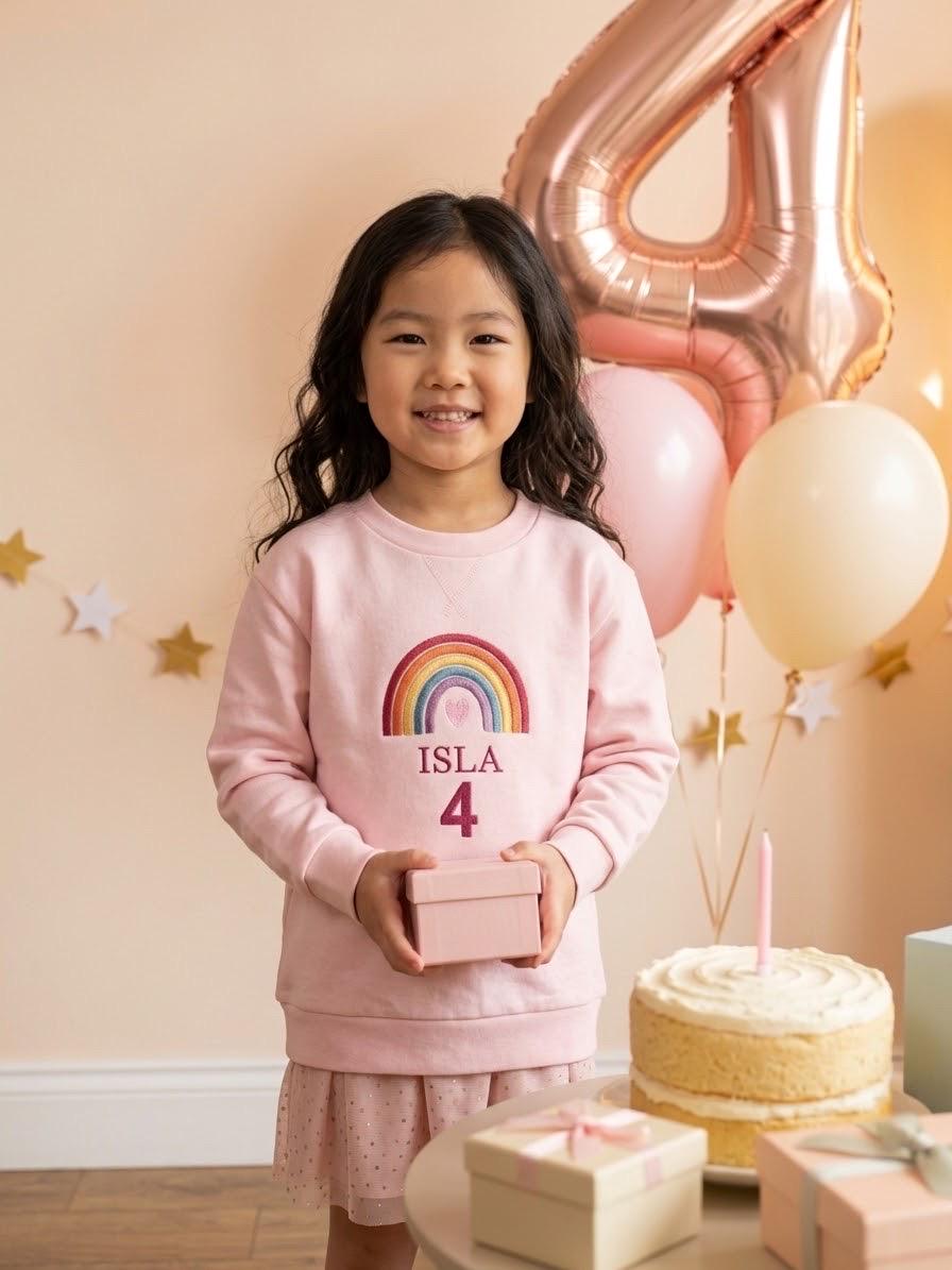 Personalised Girls Rainbow Birthday Sweatshirt – Embroidered Name & Age