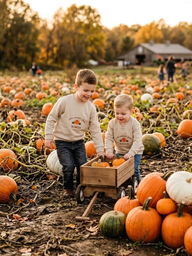 Personalised Kids Pumpkin Picking Hoodie – Embroidered Autumn Name Top