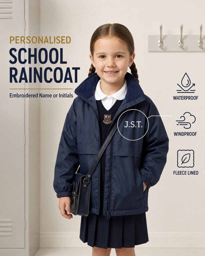 Personalised Kids Waterproof School Jacket – Fleece-Lined Embroidered Name Coat