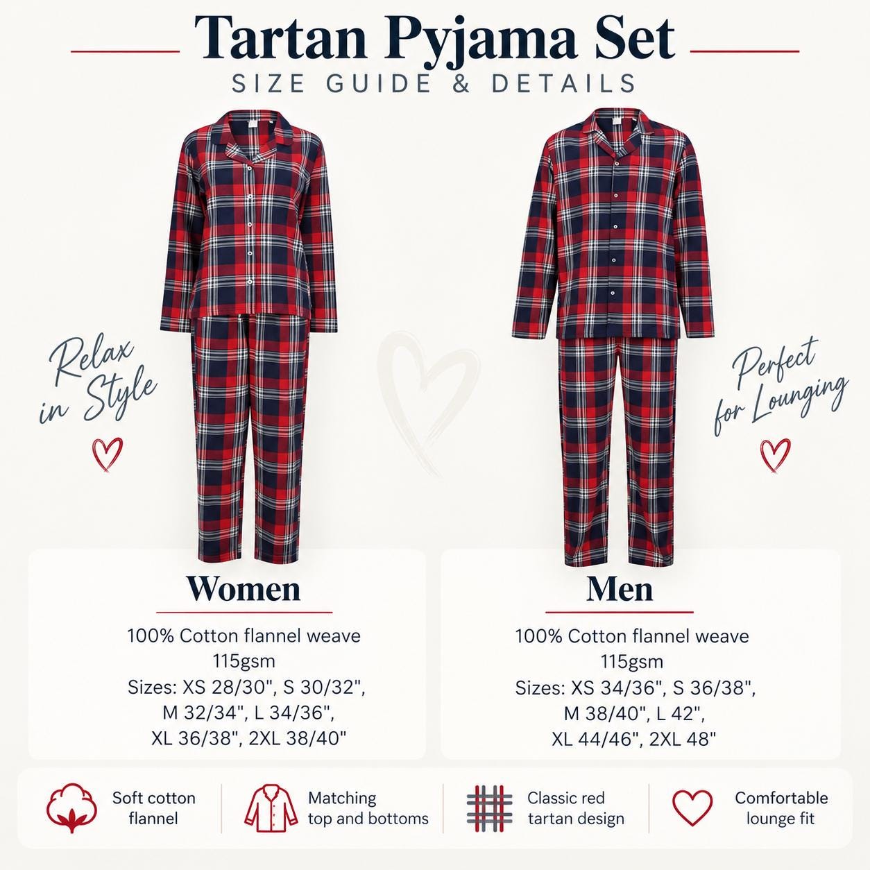Personalised Adult Christmas Pyjamas – Embroidered Red Tartan Flannel PJs - Image 3