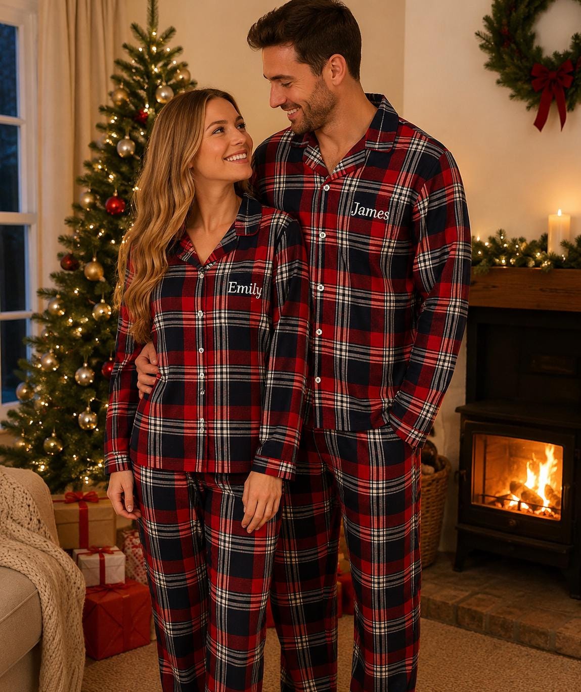 Personalised Adult Christmas Pyjamas – Embroidered Red Tartan Flannel PJs - Image 2