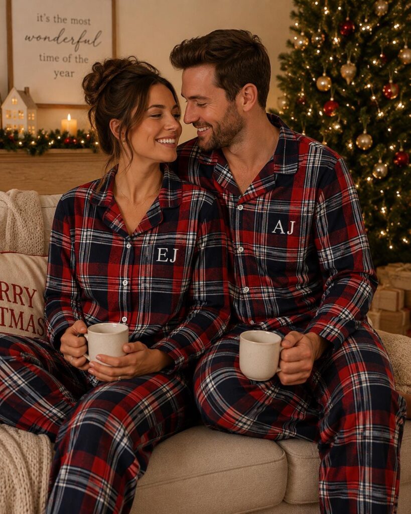 Personalised Adult Christmas Pyjamas – Embroidered Red Tartan Flannel PJs