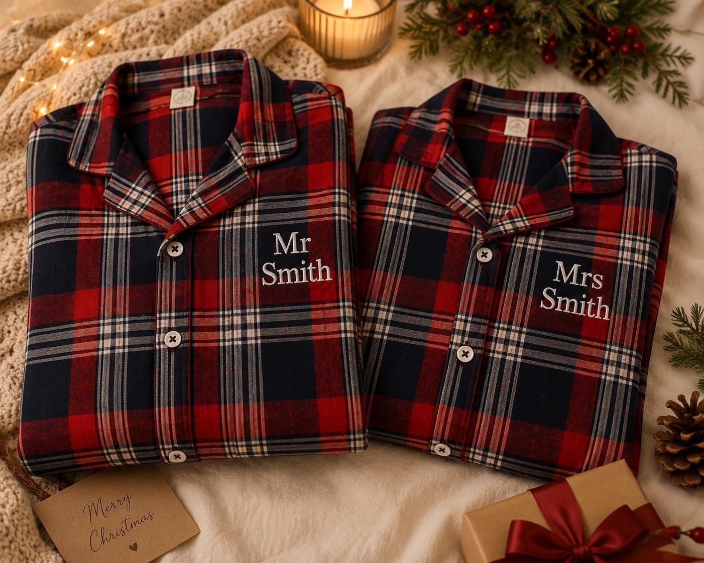 Personalised Adult Christmas Pyjamas – Embroidered Red Tartan Flannel PJs - Image 8