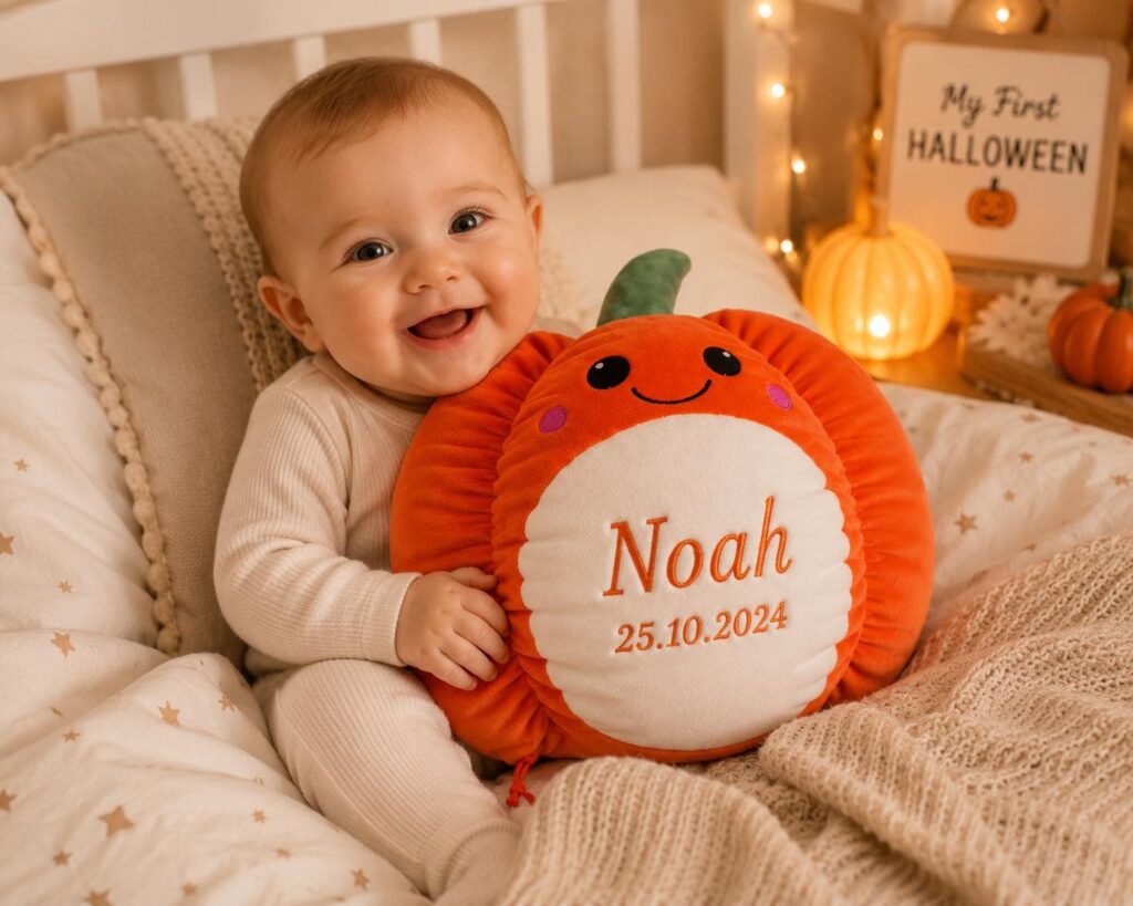 Personalised Pumpkin Plush Toy – Embroidered Halloween Name Gift