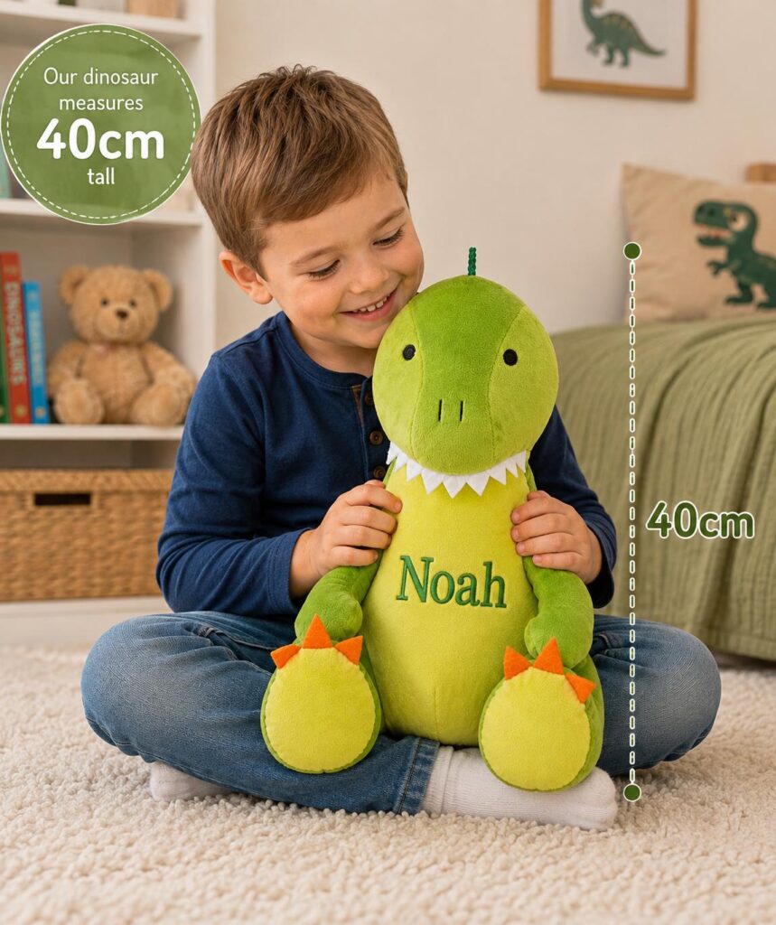 Personalised Dinosaur Plush Toy – 42cm Embroidered Name Dino