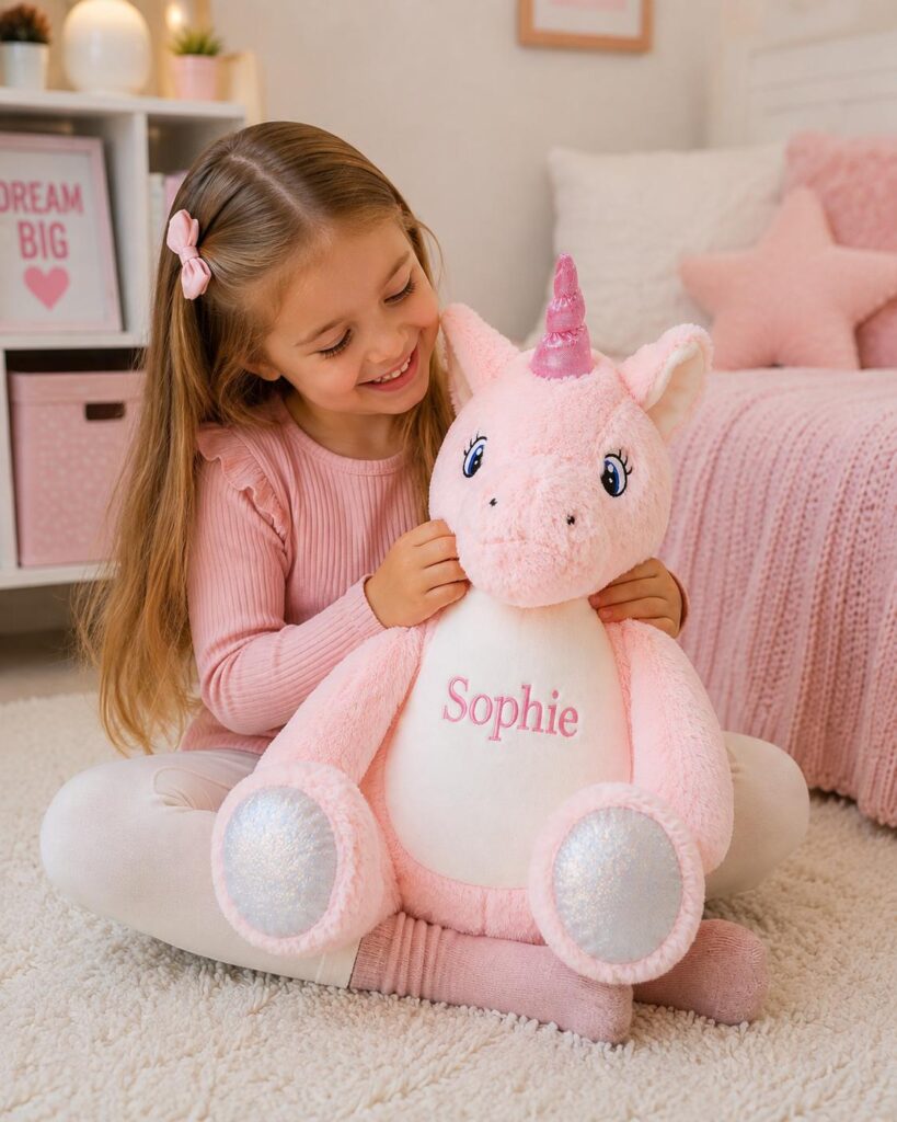 Personalised Unicorn Plush Toy – 38cm Embroidered Name Gift