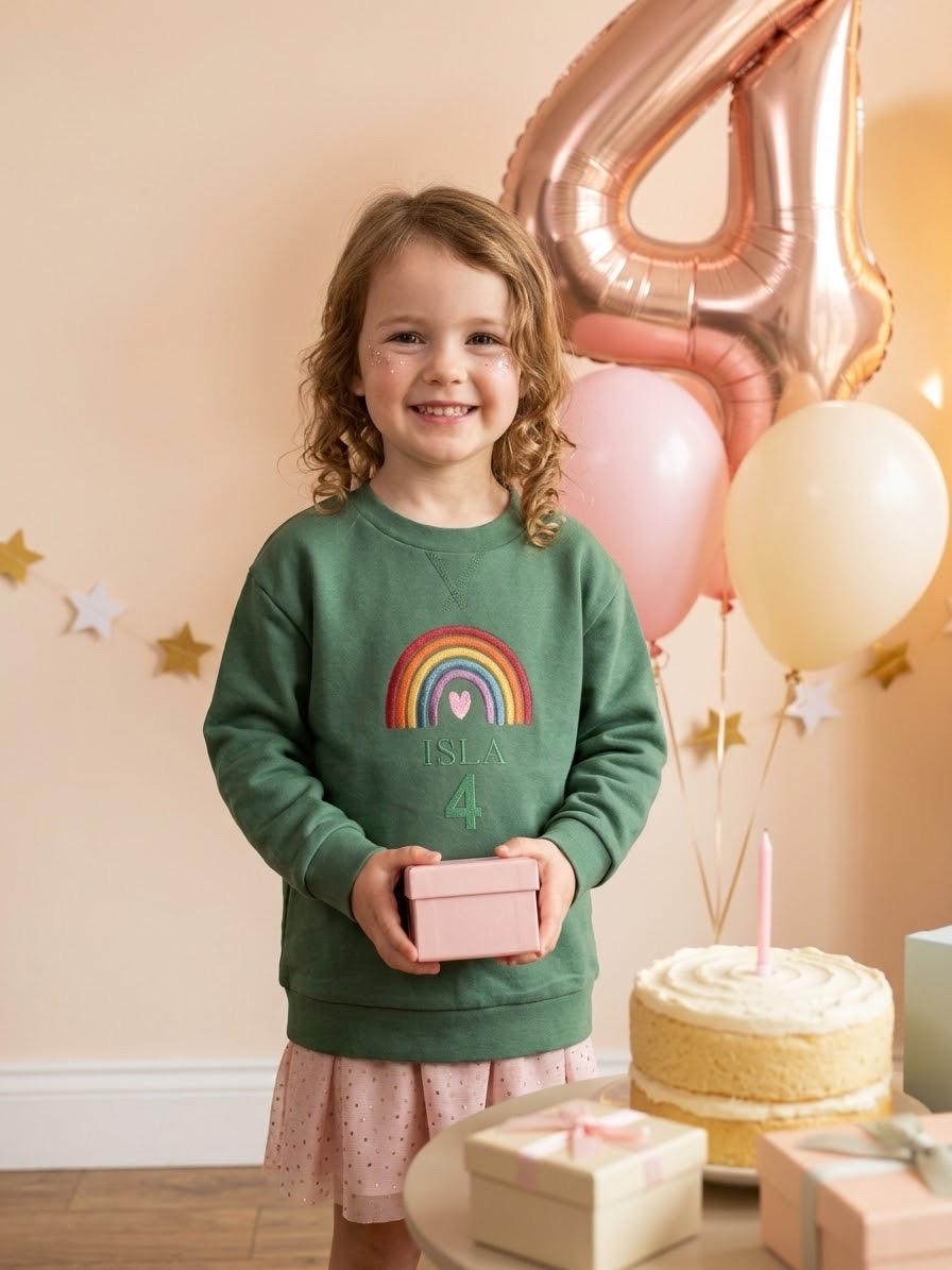 Personalised Girls Rainbow Birthday Sweatshirt – Embroidered Name & Age - Image 3