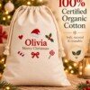 Cream Christmas sack personalised with Olivia and Merry Christmas beside information about its 100% certified organic cotton fabric