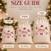 Size guide for the cream Christmas sack: small 23 × 34 cm, medium 31 × 48 cm, and large 40 × 61.5 cm