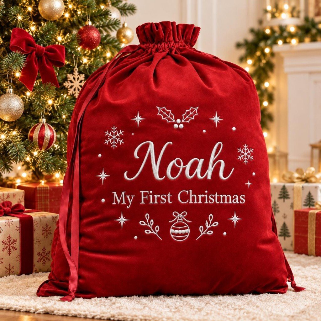 Personalised Velvet Christmas Sack – Embroidered Name Santa Gift Bag